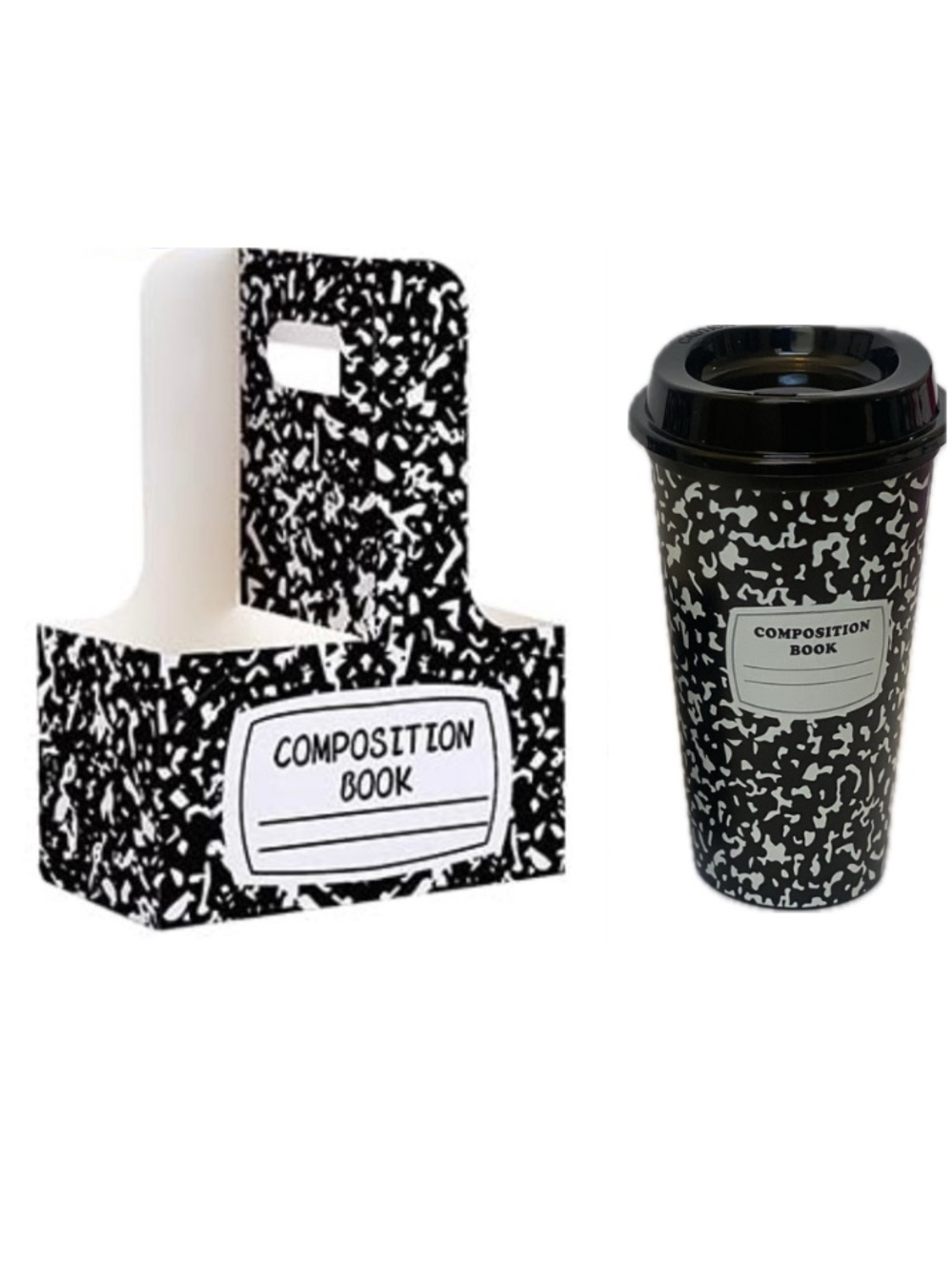 Teacher Gift - Composition Book Design Drink Carrier With Reusable Cup NEW